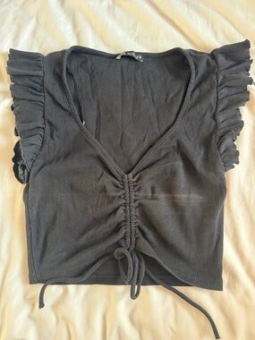 Zara Black Ruched Front Ruffle Sleeve Crop Top